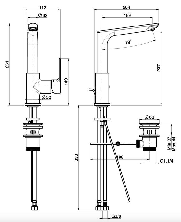 Wasserhahn mit drehbarem Auslauf, eckig